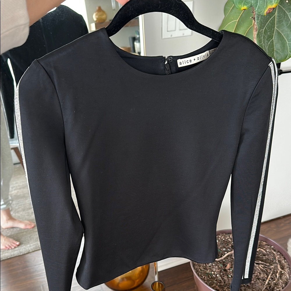 Alice + Olivia Raven Crystal trimmed Black Long Sleeve Top, size 2